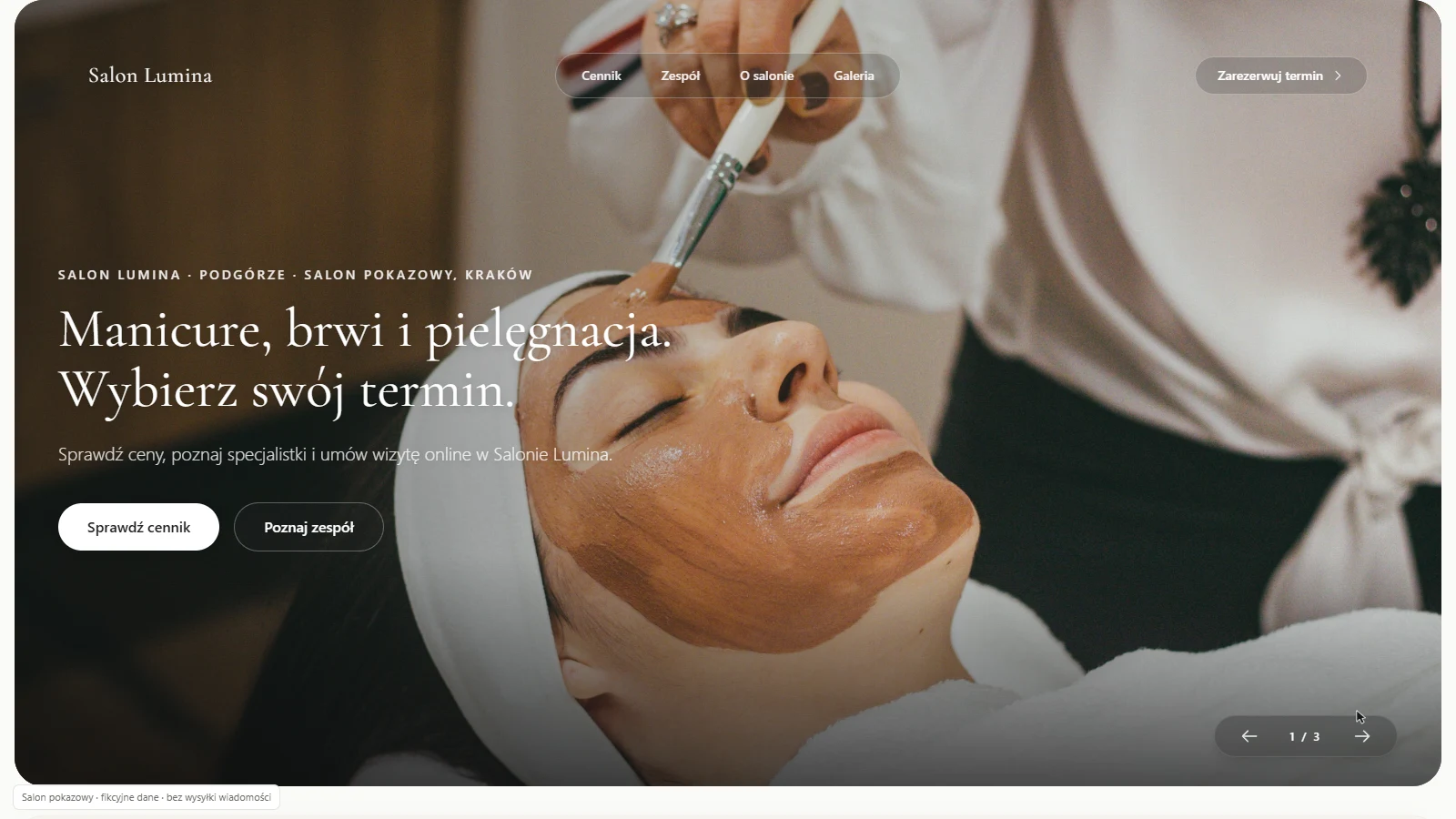Przykładowa strona salonu Lumina: oferta, zespół i przycisk rezerwacji